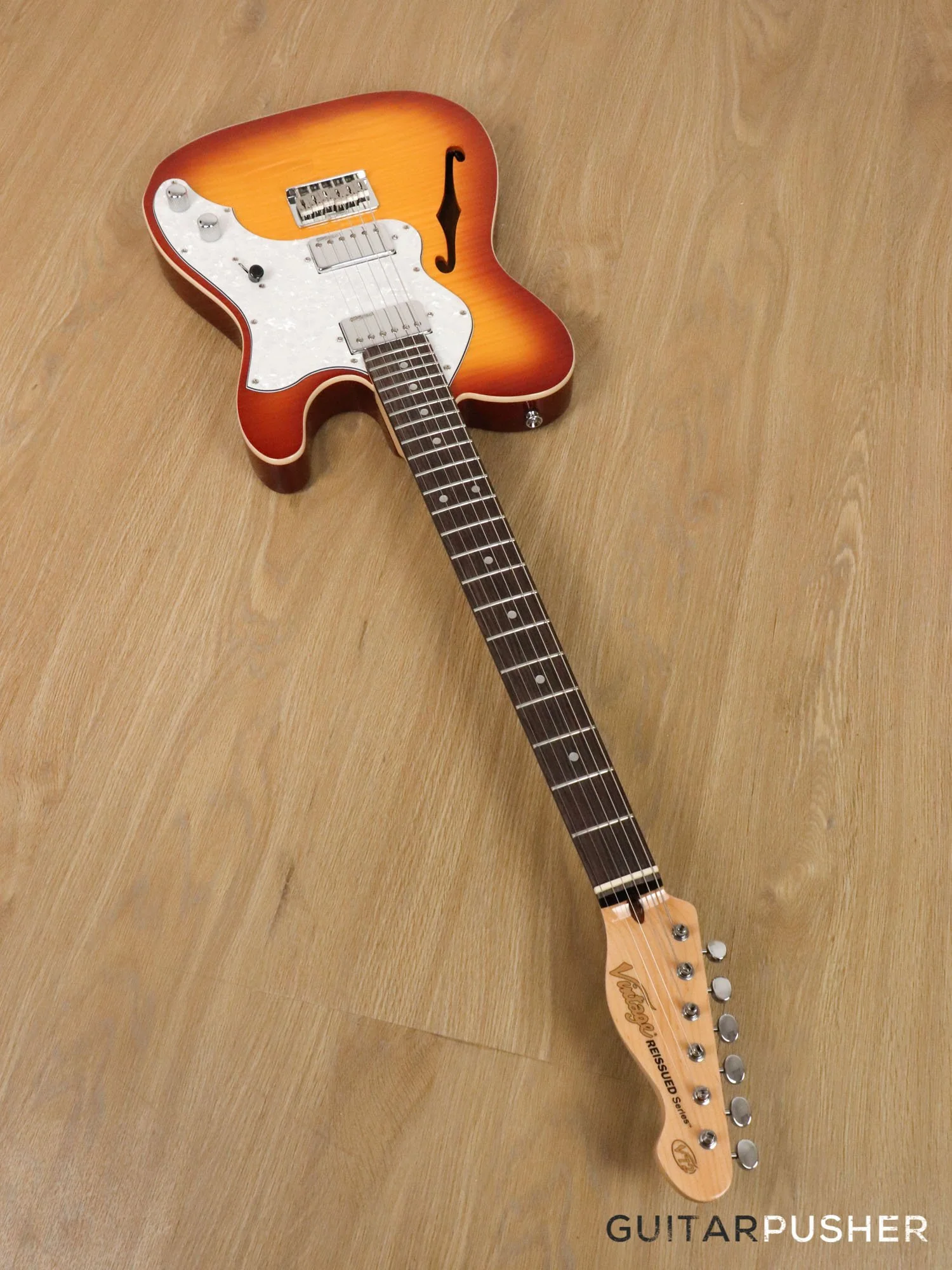 Vintage V72H T-Style Custom Hardtail Semi-Hollow Electric Guitar - Flamed Tobacco Sunburst - Image 7