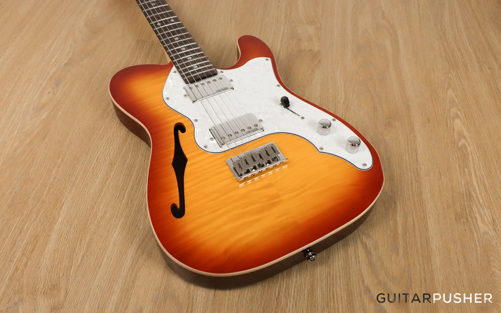 Vintage V72H T-Style Custom Hardtail Semi-Hollow Electric Guitar - Flamed Tobacco Sunburst - Image 8