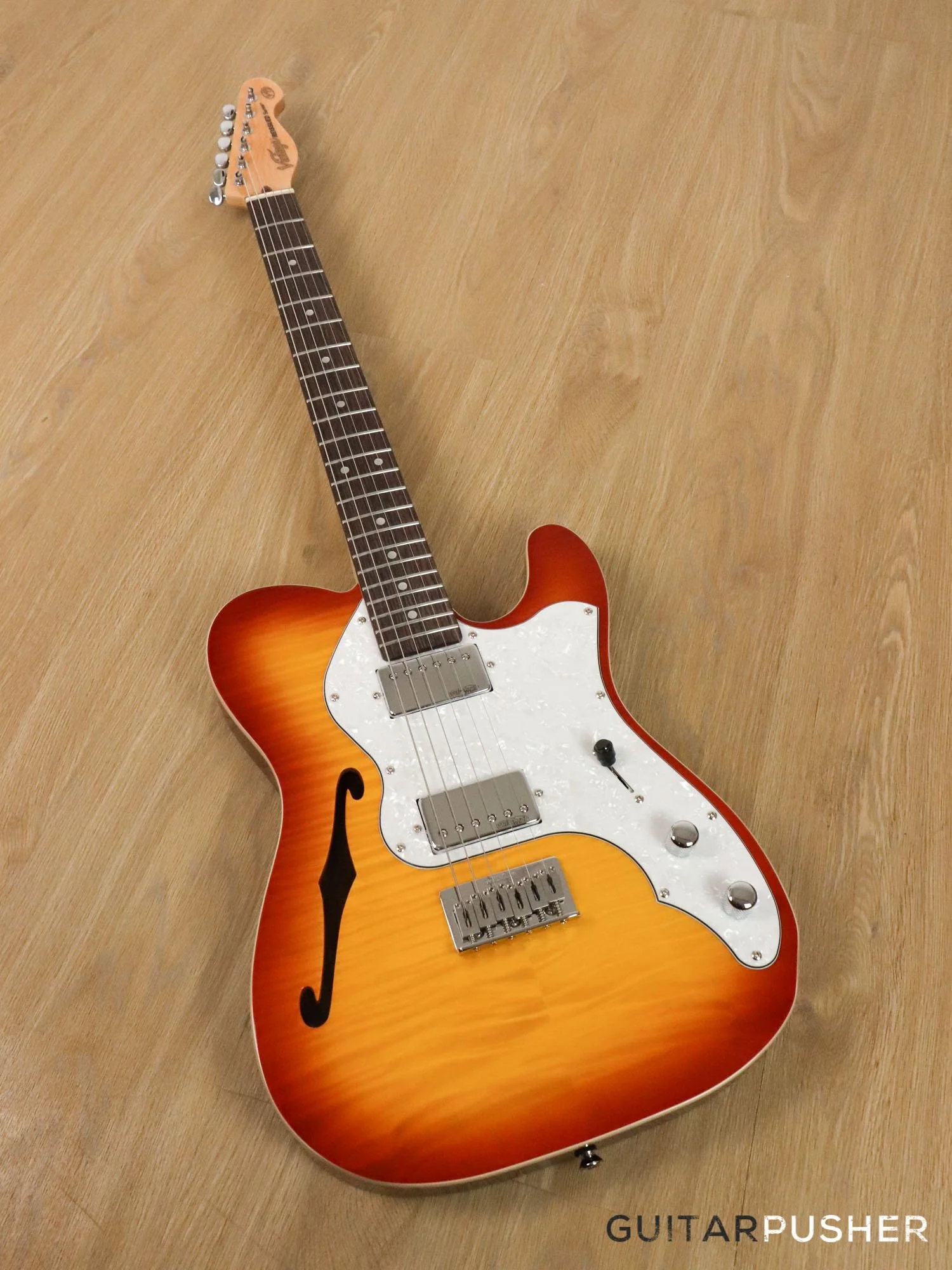 Vintage V72H T-Style Custom Hardtail Semi-Hollow Electric Guitar - Flamed Tobacco Sunburst - Image 9