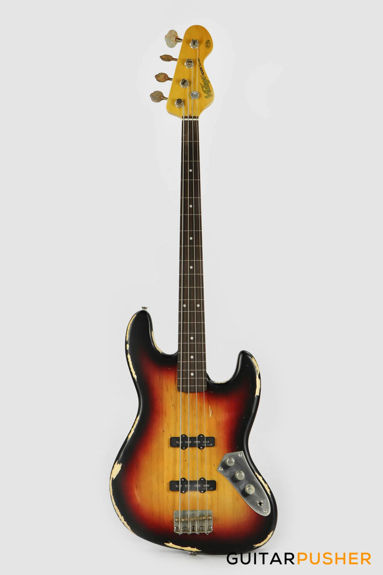 Vintage V74 Icon Fretless 4-String JB Bass - Sunset Sunburst - Image 4