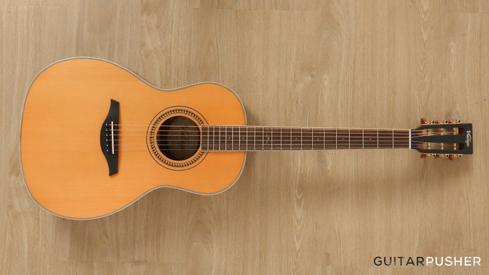 Vintage V880N Solid Top 00 Parlor Acoustic Guitar - Natural - Image 9