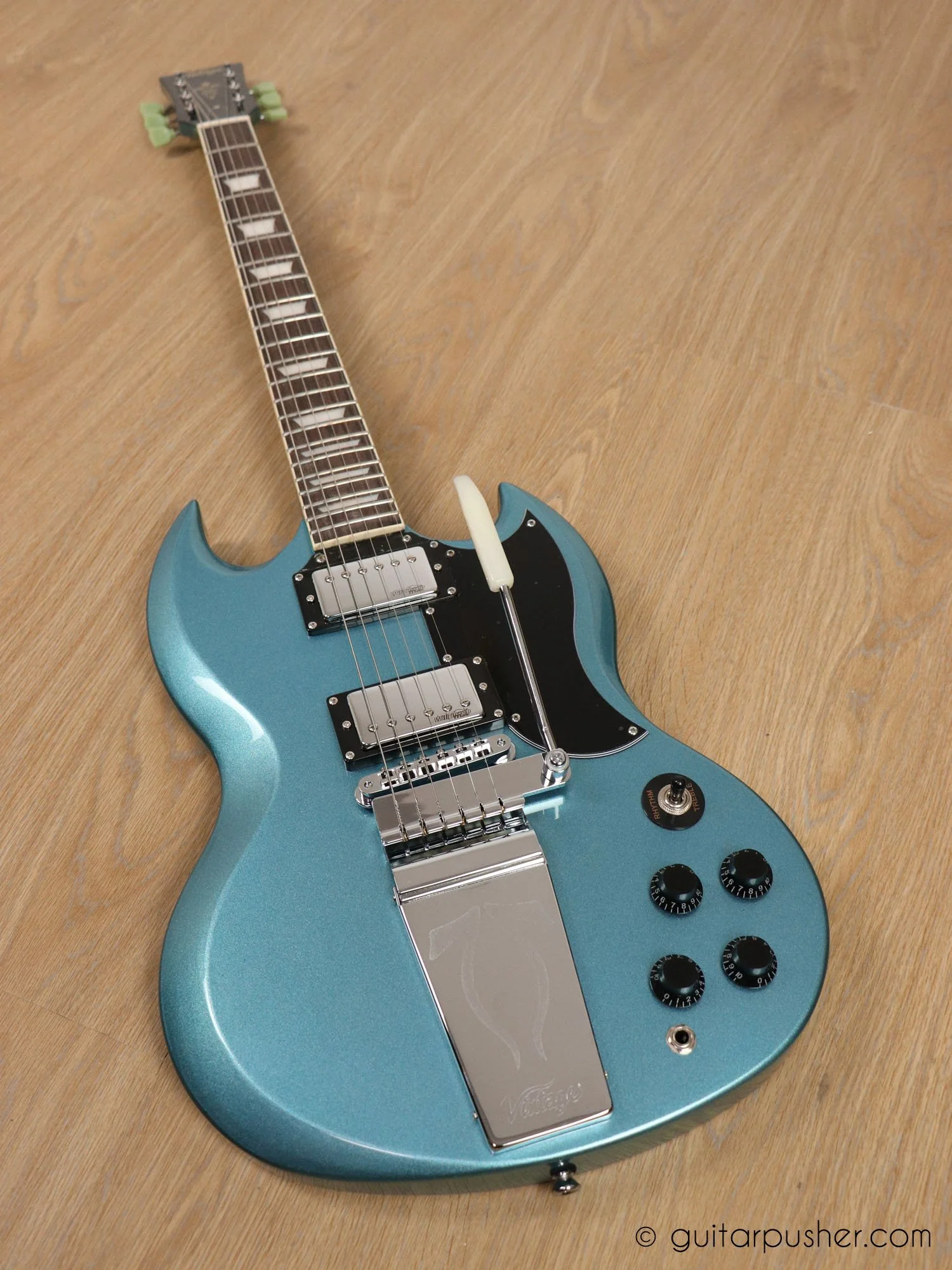 Vintage VS6 Reissue SG Electric Guitar with Vibrola - Gun Hill Blue - Image 10