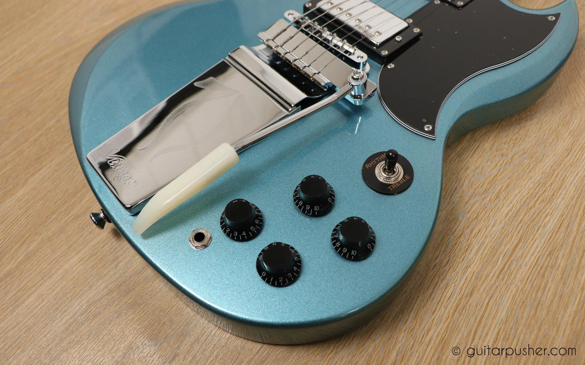 Vintage VS6 Reissue SG Electric Guitar with Vibrola - Gun Hill Blue - Image 14