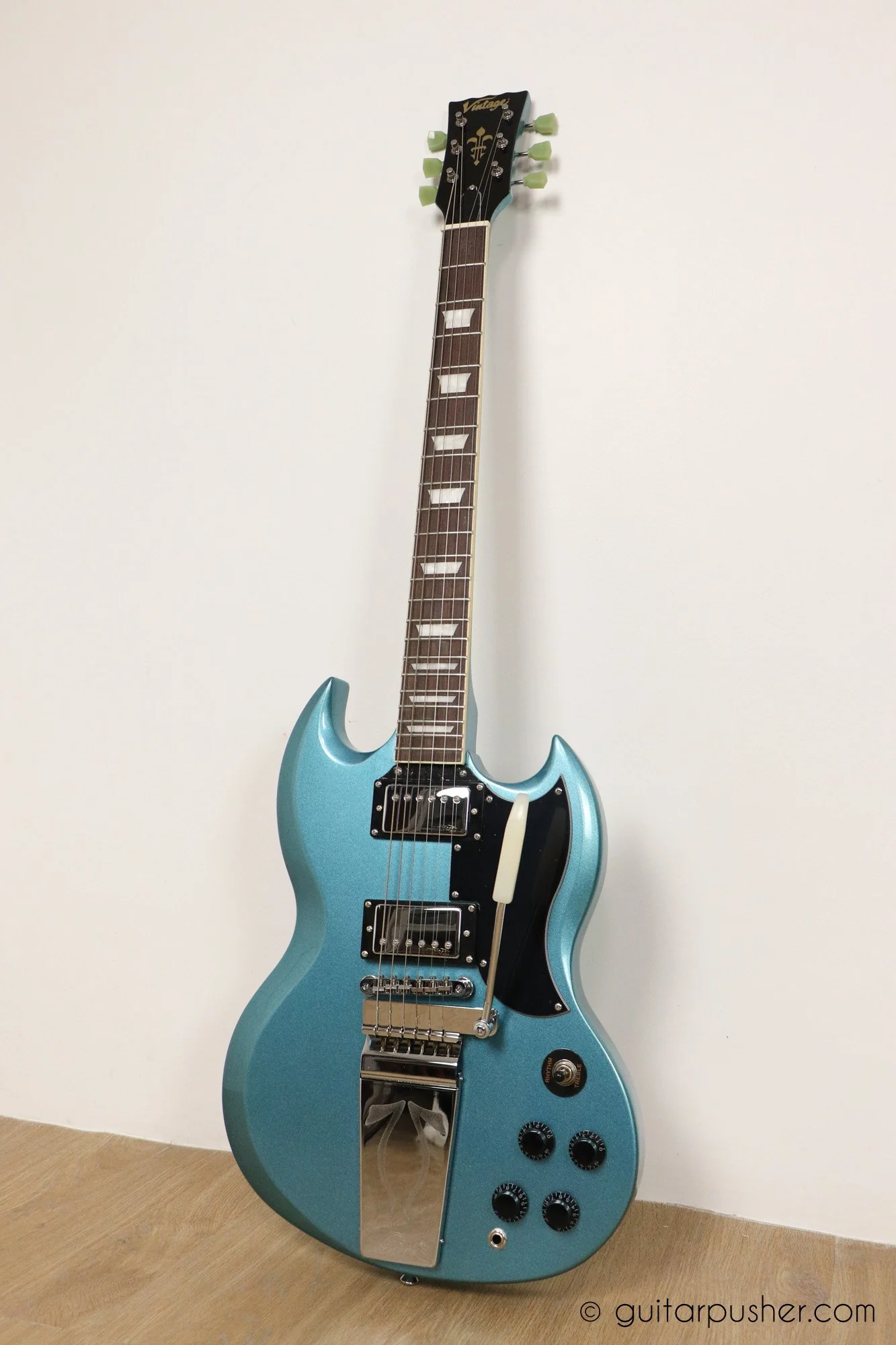 Vintage VS6 Reissue SG Electric Guitar with Vibrola - Gun Hill Blue - Image 3