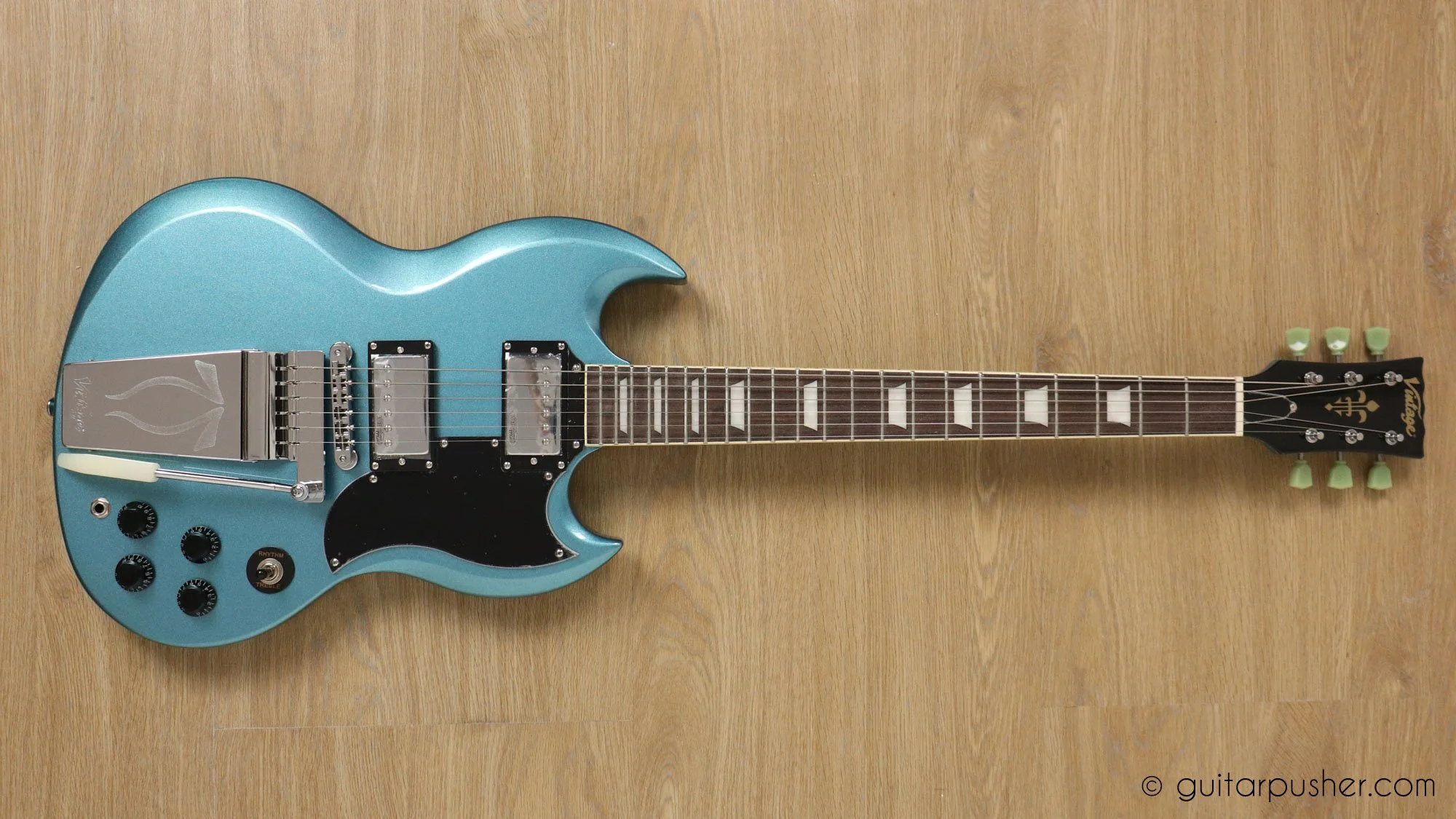 Vintage VS6 Reissue SG Electric Guitar with Vibrola - Gun Hill Blue - Image 4