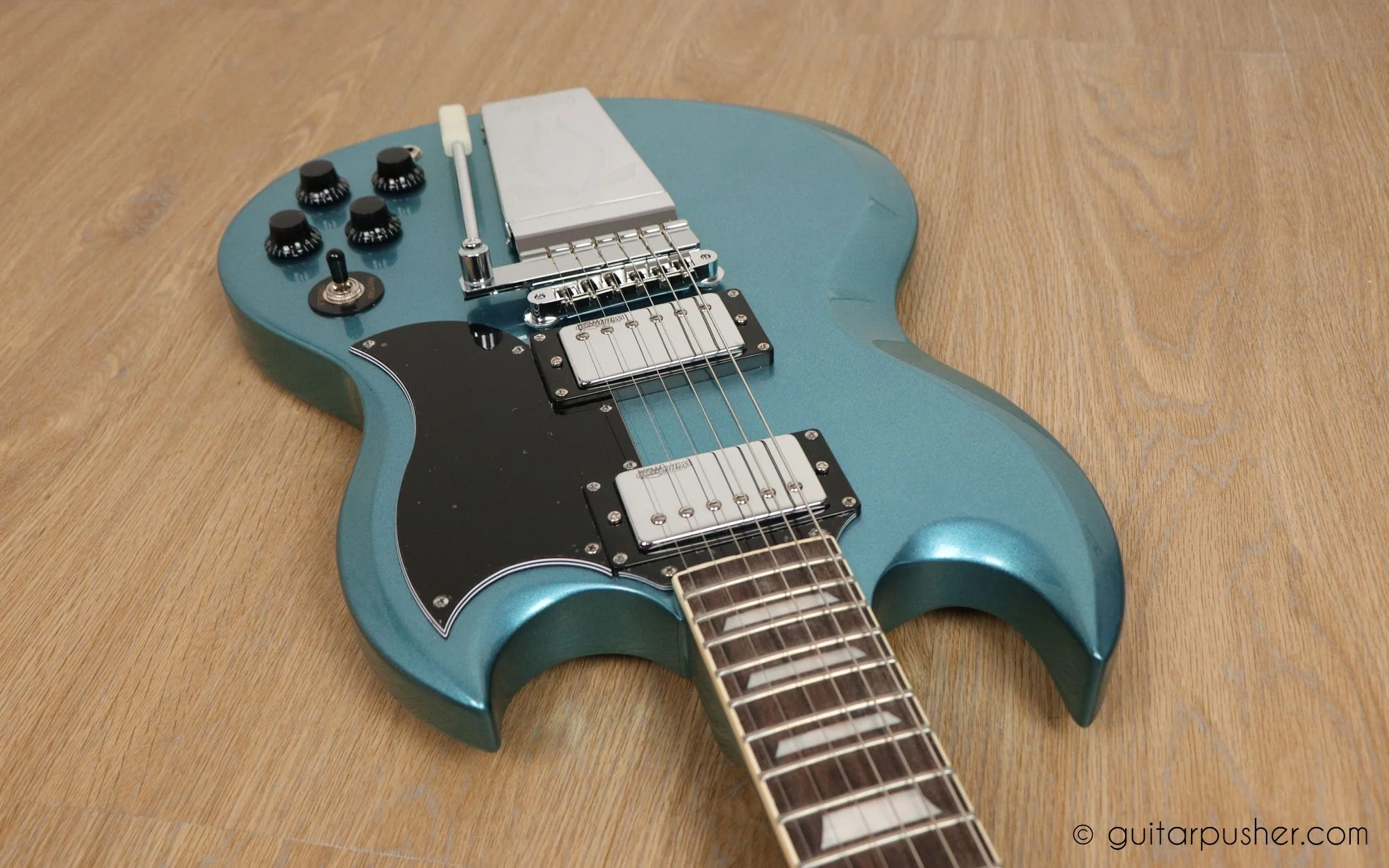 Vintage VS6 Reissue SG Electric Guitar with Vibrola - Gun Hill Blue - Image 7