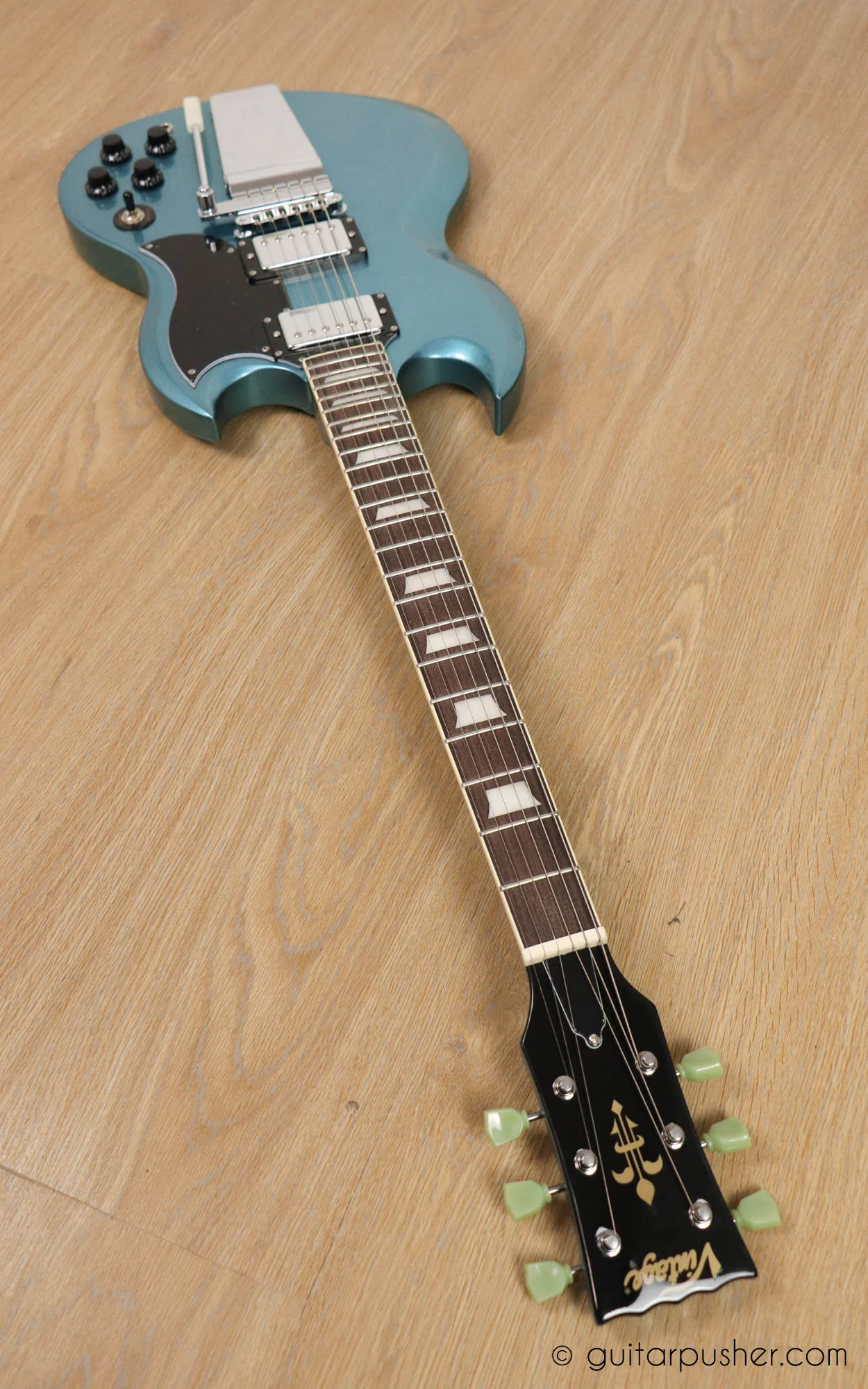 Vintage VS6 Reissue SG Electric Guitar with Vibrola - Gun Hill Blue - Image 8