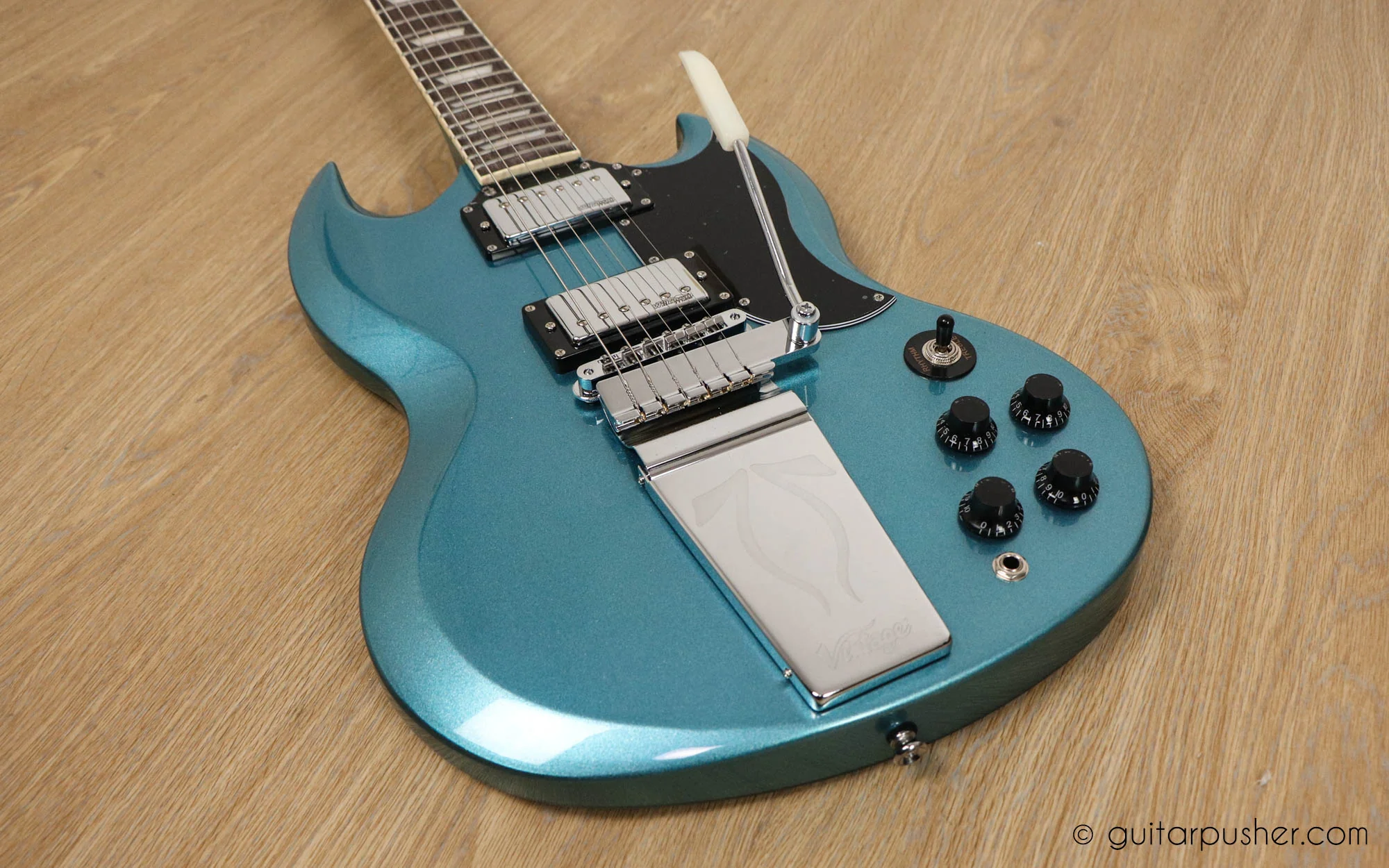 Vintage VS6 Reissue SG Electric Guitar with Vibrola - Gun Hill Blue - Image 9