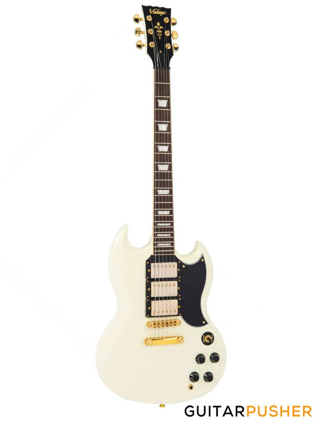 Vintage VS63 Reissue 3-Pickup SG Electric Guitar - Vintage White - Image 2