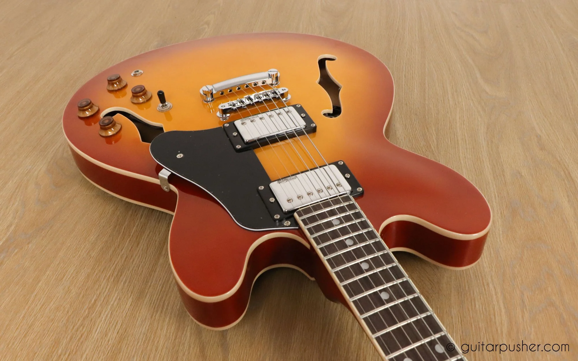 Vintage VSA500 Reissue Semi-Hollow Electric Guitar - Honeyburst - Image 9